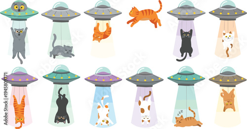 Cute UFO Alien Abduction Cat Illustration Set with Flying Saucers Beaming Different Cats in Funny Cartoon Space Scene