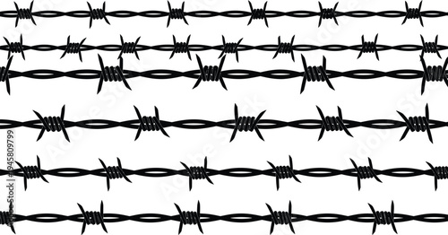 Black silhouettes of various barbed wire lines for security fence, prison border, military zone, protection, crime scene, and industrial safety.