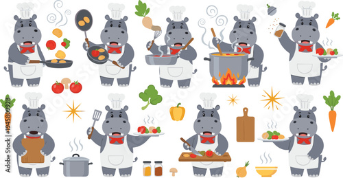 Hippo Chef Cooking Cartoon Vector Set with Cute Hippopotamus Cooks Preparing Meals in the Kitchen.