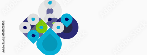 Abstract colorful circles, shapes form flower or droplet design. Minimalist style, white background provides contrast. Simple, modern aesthetic.