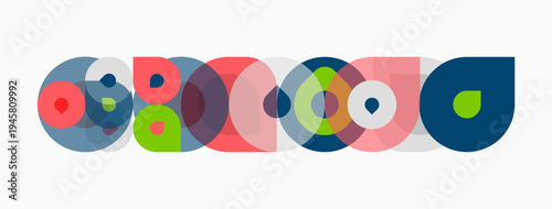 Abstract colorful circles overlap forming letterlike shapes. Composition features vibrant hues, simple geometry, modern design.