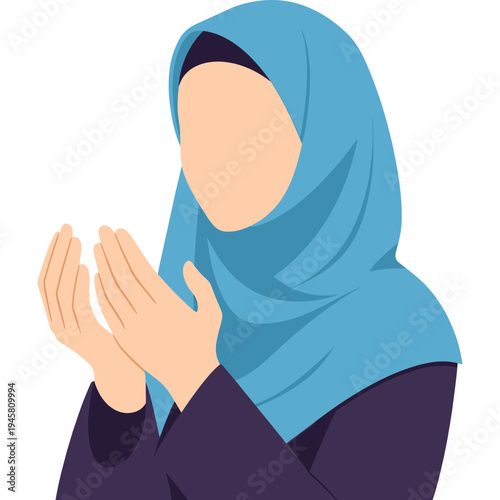 A woman wearing a blue hijab is praying with her hands together