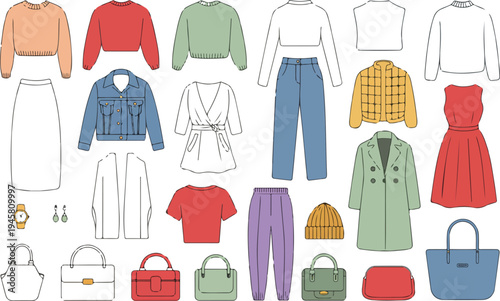 Large collection of women's fashion apparel icons including sweaters dresses jackets and handbags for seasonal capsule wardrobe design.