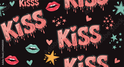 Edgy seamless pattern with melting pink graffiti kiss text luscious lips stars and hearts set against a dark black background.