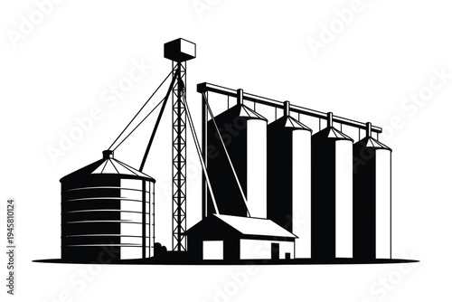 Black and white illustration of grain elevators and a small building