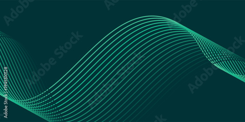 3D green techno abstract background overlap layer on dark space with glowing waves shape effect decoration. Modern graphic design element lines style concept