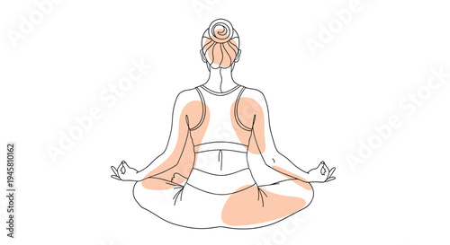 Minimalist continuous line drawing of a woman in a meditative yoga pose from behind with subtle orange abstract shapes.