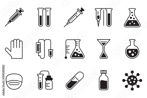 Collection of Medical and Scientific Outline Icons. Essential Laboratory Equipment and Healthcare Symbols in Vector Format.