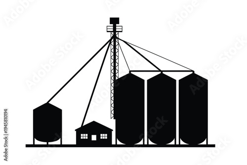 Simple black and white illustration of a grain elevator complex