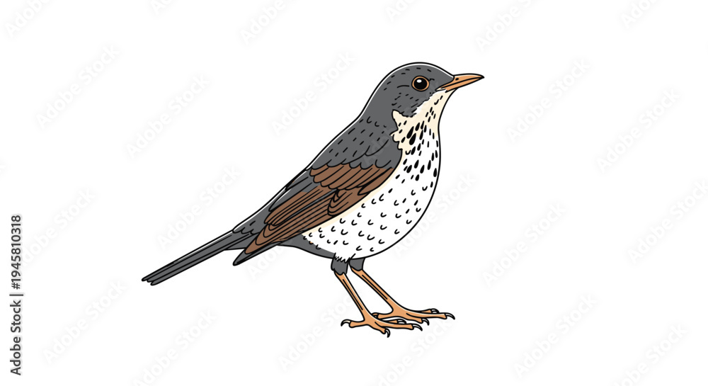 Fototapeta premium Detailed ornithological illustration of a fieldfare bird with realistic feathers and colors standing on a white background.