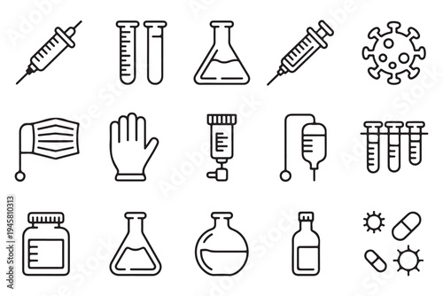Modern Outline Vector Icons for Medical, Laboratory, and Scientific Applications. Featuring Syringes, Test Tubes, and Healthcare Elements.