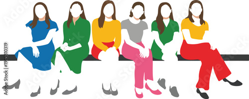 Flat vector illustration of a diverse group of women sitting together on a bench in colorful modern outfits.