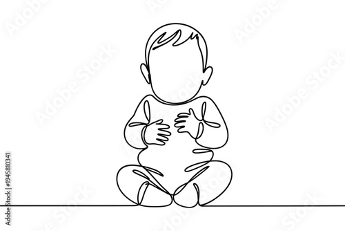 Continuous line drawing of a seated baby with hands clasped