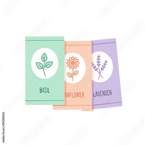 Seed packets featuring basil, sunflower, and lavender on a minimalistic background