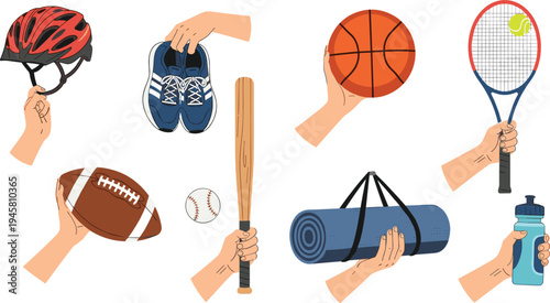 Sports equipment collection with helmet sneakers basketball tennis racket baseball bat football yoga mat vector illustration setWeb