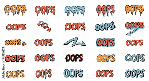 Extensive collection of oops text designs in various graffiti and sticker styles featuring dripping letters and arrows.
