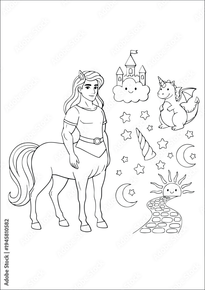 Obraz premium Centaur coloring page with a mythical character and magical elements set