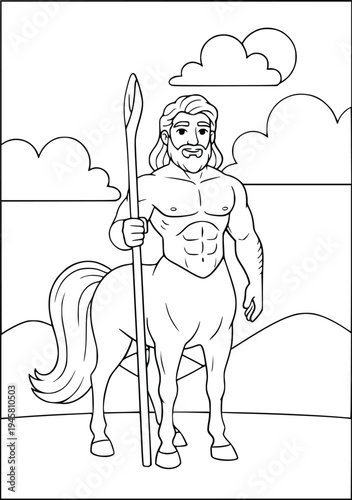Centaur coloring page with a strong mythological hero holding a staff