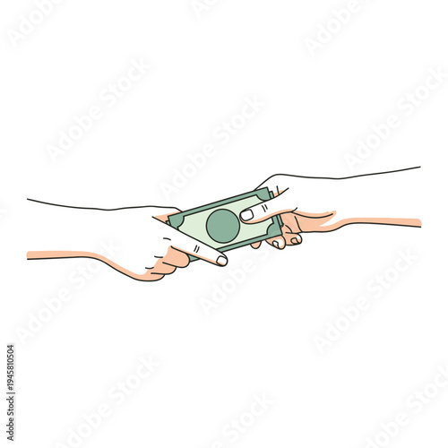 Hands passing paper money between each other in a clean minimalist line art style | concept of payment, bribe, or financial transaction | vector illustration