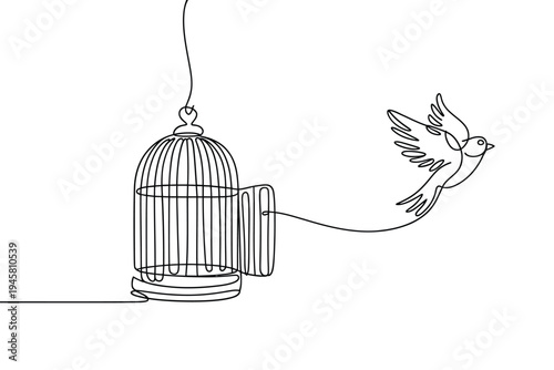 A bird escaping an open cage depicted in a continuous line drawing style