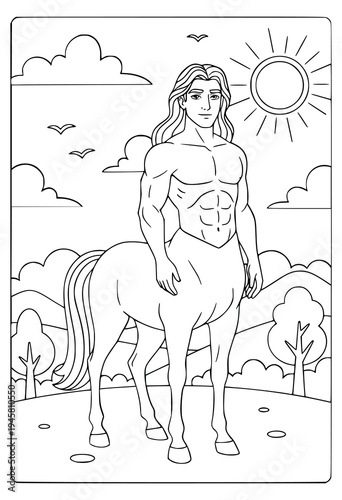 Centaur coloring page with a strong mythological hero in a sunny landscape