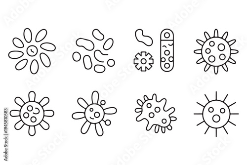 Assortment of bacteria, virus, and microorganism outline icons, showcasing diverse shapes and types relevant to microbiology and medical research.