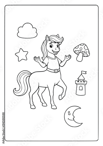 Centaur coloring page with a young mythical foal and magical elements