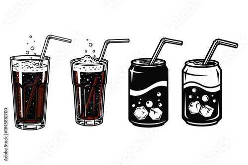 Four glasses of soda with straws on a white background