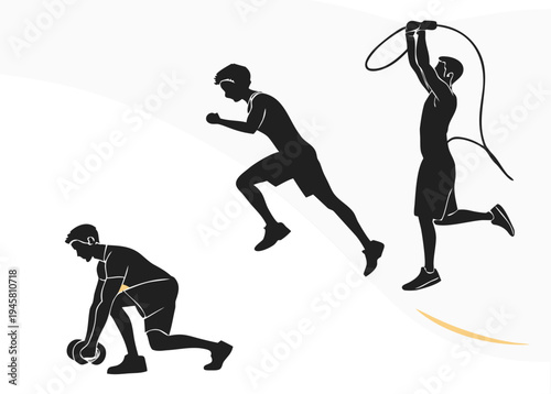 Black Silhouette Gym Exercises Vector – Push-Ups, Squats, Jump Rope Fitness Set