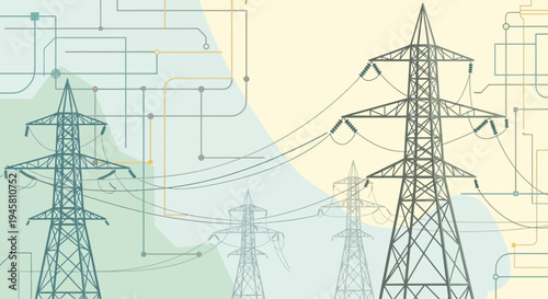 Abstract illustration of power lines and energy infrastructure with a circuit board design