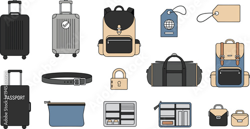 Travel luggage and airport accessories collection with suitcase backpack passport lock tag belt organizer bags flat vector illustration set