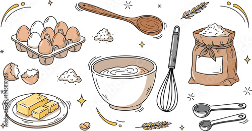 Baking Ingredients and Kitchen Utensils Illustration Set with Eggs Butter Flour Mixing Bowl Whisk Wooden Spoon and Cooking Tools