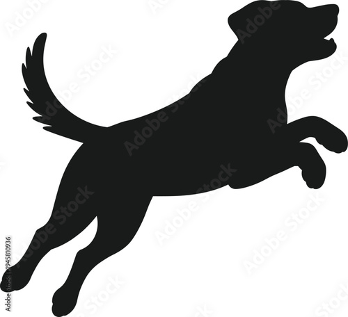 Black silhouette of a jumping labrador dog, cad drawing flat vector illustration of an energetic happy retriever pet playing outdoors.