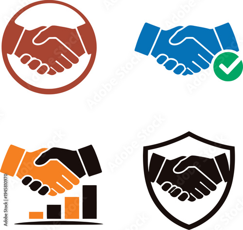 Business handshake icon set representing partnership, agreement, deal confirmation, growth collaboration and secure business trust concept. Perfect for corporate business, teamwork, partnership agreem