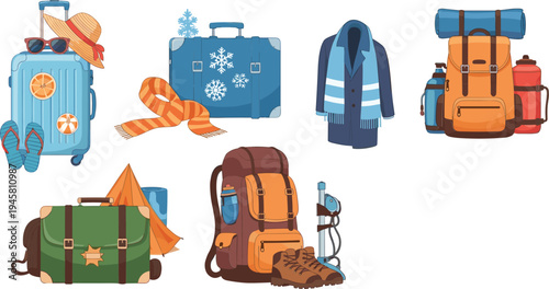 Travel and camping equipment collection with suitcase, backpack, coat, tent, hiking boots, water bottle and adventure gear vector illustration set