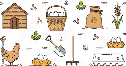 Farm Agriculture Icon Set with Chicken Eggs Barn Wheat Grain Sack Nest Shovel Rake and Poultry Farming Elements