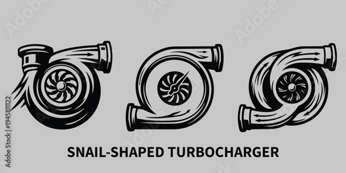 Snail-Shaped Automotive Turbocharger Vector Icons with Airflow Swooshes and Boost Gauge Technical Turbocharger Vector Illustrations: Twin Scroll, Airflow Dynamics, and Pressure Gauge 