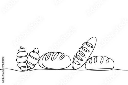 Minimalist line drawing depicting various loaves and rolls of bread