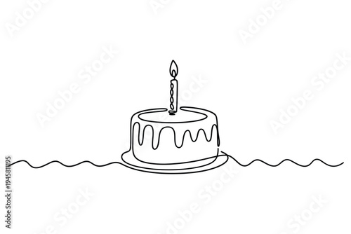 Minimalist line drawing of a single layer birthday cake with a lit candle