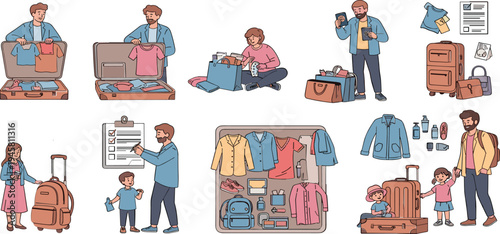 Travel preparation and packing activities collection with family organizing suitcase, checklist planning, clothes packing and luggage preparation vector illustration set