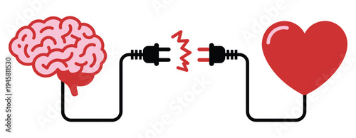 brain and heart connected by electrical plugs with sparks, representing the connection between emotion and intellect, mind-body synergy, creativity, and cognitive-emotional balance in vector design.