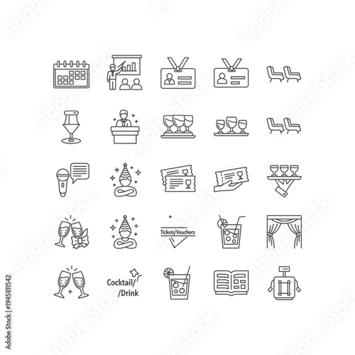 A collection of black and white icons for events and parties