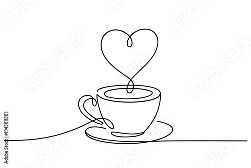 Minimalist line drawing of a coffee cup with a heart shaped steam