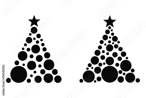 Black and white christmas tree dot art design with star toppers