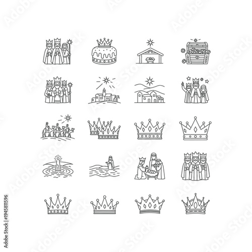 A collection of black and white drawings of kings and crowns
