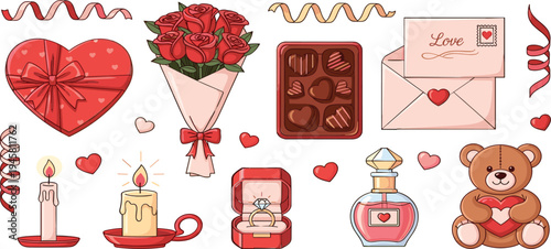 Valentine’s Day romantic element collection with hearts, roses bouquet, chocolate box, love letter, candles, perfume, teddy bear vector set