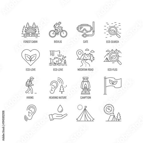 Eco tourism icons for travel and adventure