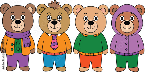 cute teddy bear characters wearing colorful winter clothes sweaters and hoodies for children book nursery illustration