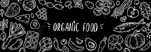 Organic food sketch doodles . Whimsical food doodles, Hand drawn vector illustration for menu, packaging design. Food quirky icons, simple sketch style. Top view. Simply fun