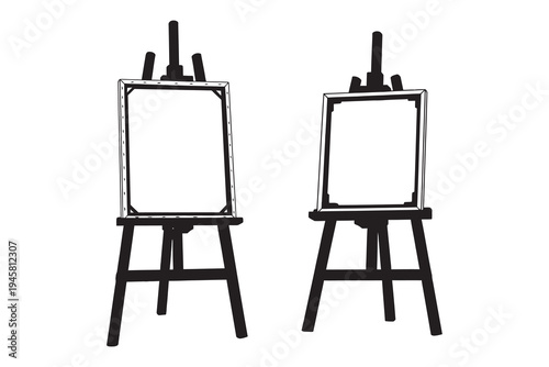 Two black easels with blank canvases on a white background